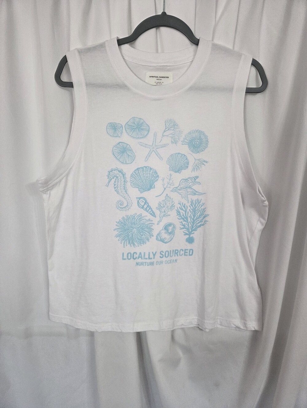 Spiritual Gangster White  Short Sleeve Tee with Light Blue Ocean Graphic Size M